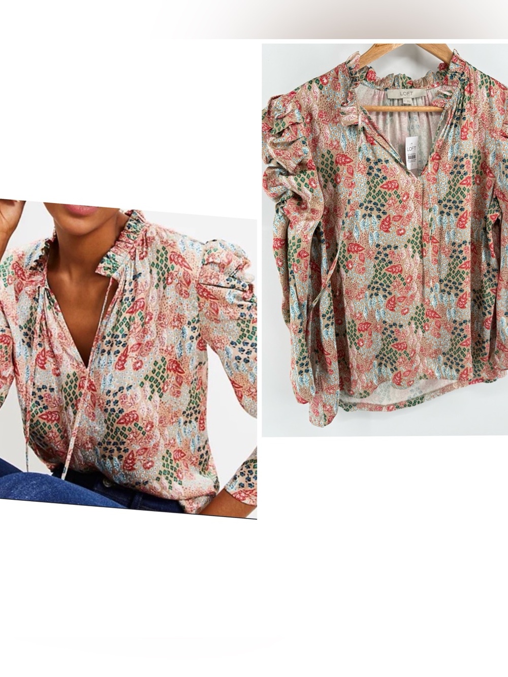 NWT Loft Satin Floral Cinched Sleeve Tie Neck Mixed Media Blouse Top Sz Small